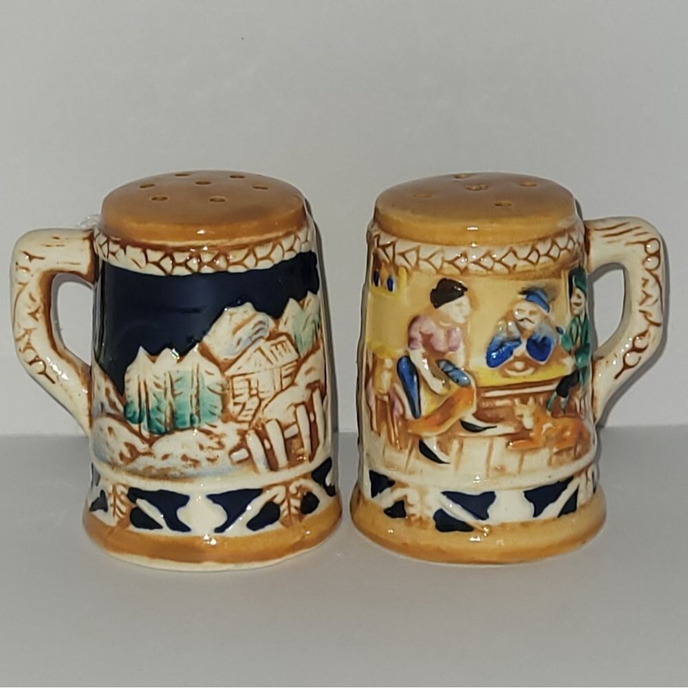 vintage hand-painted porcelain beer stein salt and pepper shaker set